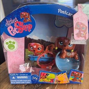 Littlest Pet Shop Dachshund 1010 Postcard Pets 2008 with bowl & snorkel mask